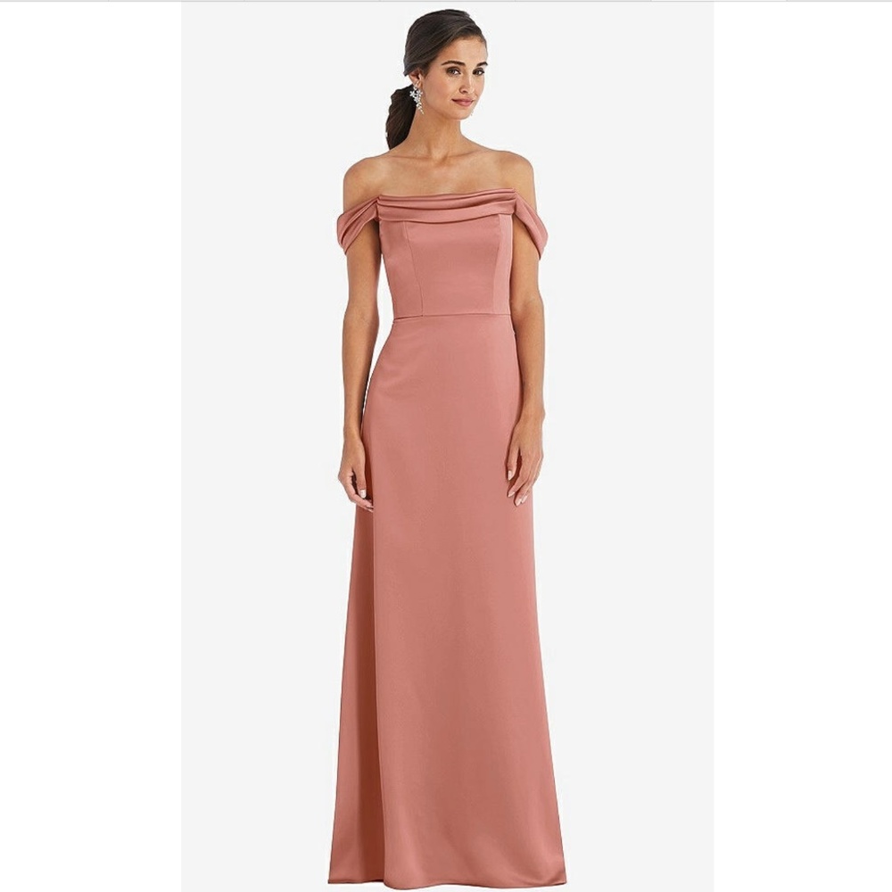 Dessy Collection: DRAPED PLEAT OFF-THE-SHOULDER MAXI DRESS IN DESERT ROSE (NWT)